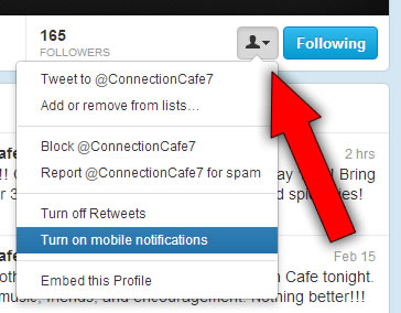 turn on mobile notifications for a page in twitter